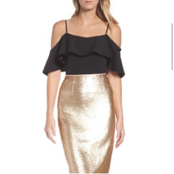 NWT Eliza J Ruffle Black Cold Shoulder Top - Picture 3 of 6